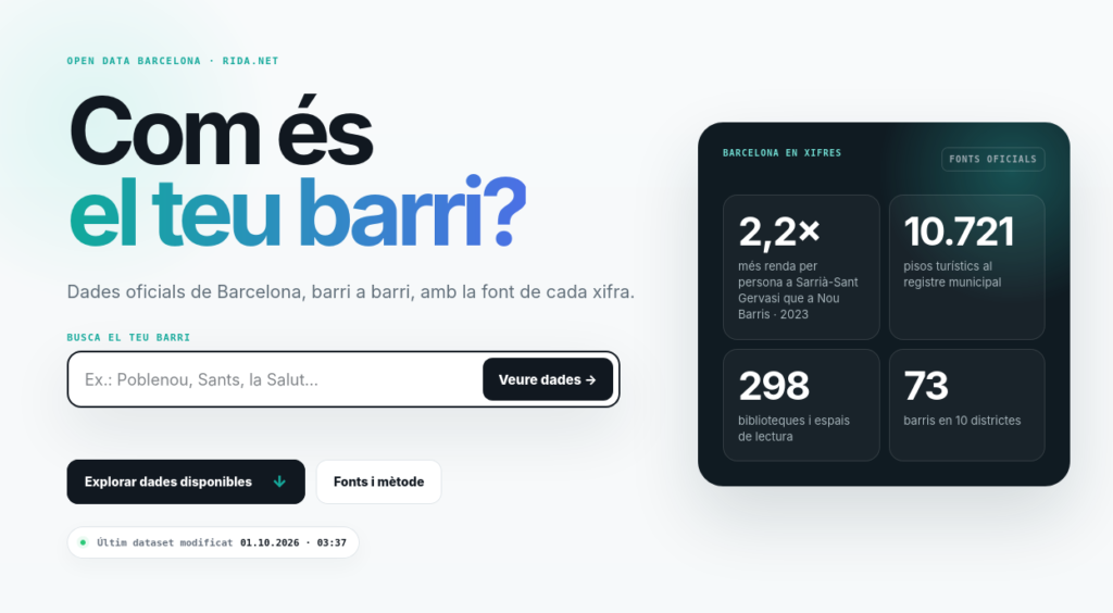 Portada de BCN.DADES amb el cercador de barris i xifres clau de dades obertes de Barcelona